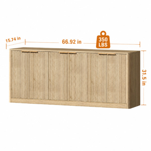 English Elm Natural Wood Farmhouse Buffet Cabinet with Slatted Doors and Adjustable Interior Shelving W1903P392630