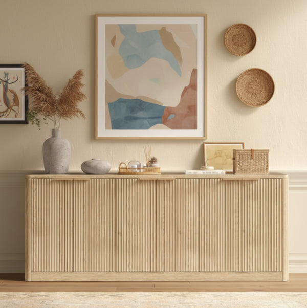English Elm Natural Wood Farmhouse Buffet Cabinet with Slatted Doors and Adjustable Interior Shelving W1903P392630
