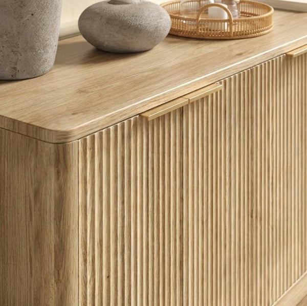 English Elm Natural Wood Farmhouse Buffet Cabinet with Slatted Doors and Adjustable Interior Shelving W1903P392630