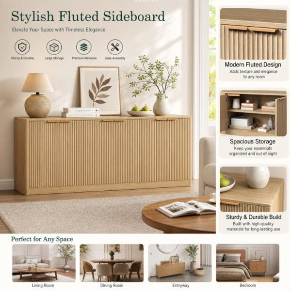 English Elm Natural Wood Farmhouse Buffet Cabinet with Slatted Doors and Adjustable Interior Shelving W1903P392630
