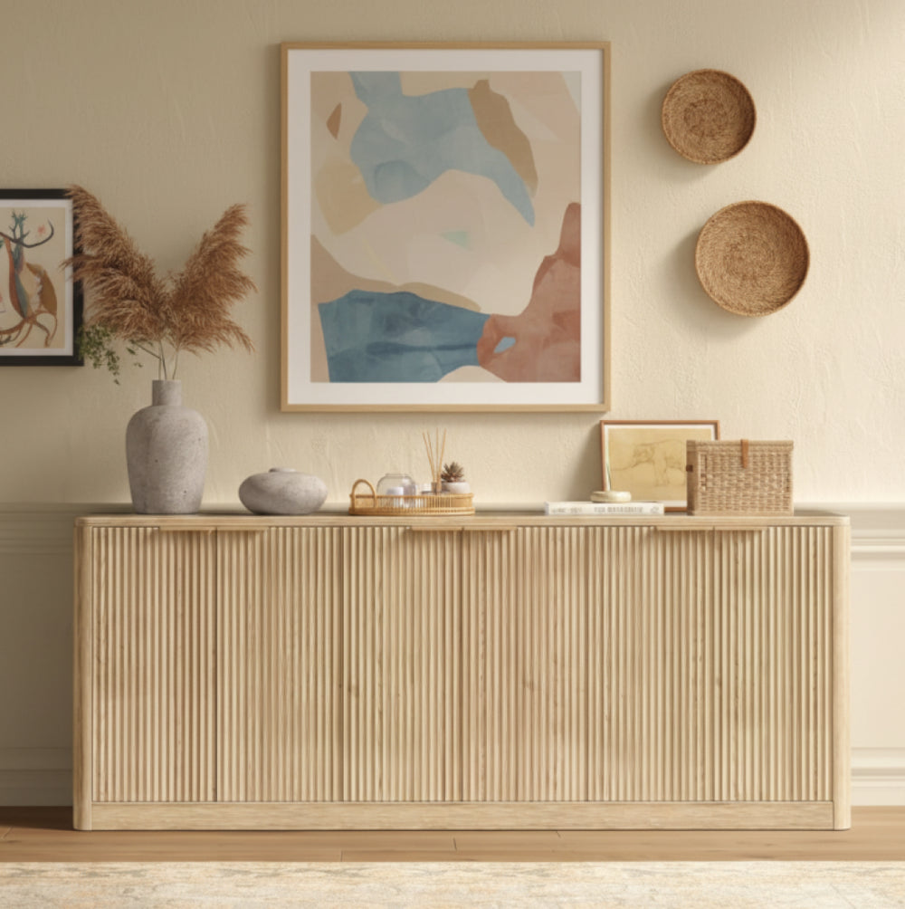 English Elm Natural Wood Farmhouse Buffet Sideboard with Slatted Doors Six Storage Compartments W1903P414258