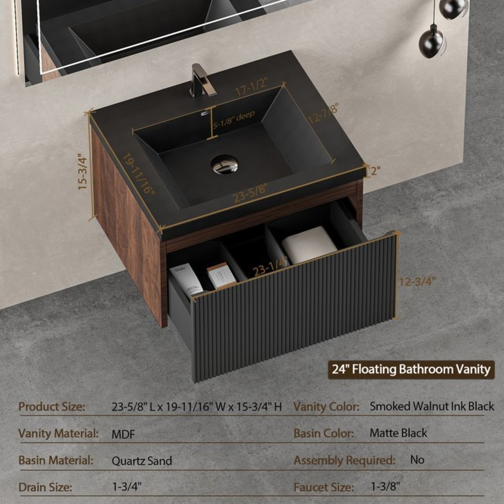 English Elm 24'' Floating Bathroom Vanity Smoked Walnut Fluted Drawer Matte Black Quartz Basin W1920P385432
