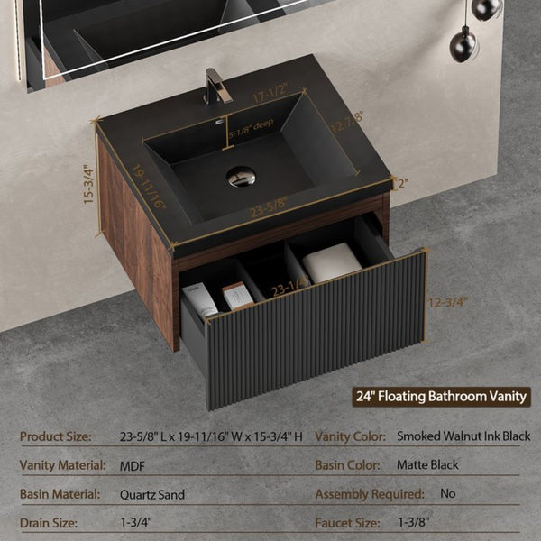 English Elm 24'' Floating Bathroom Vanity Smoked Walnut Fluted Drawer Matte Black Quartz Basin W1920P385432