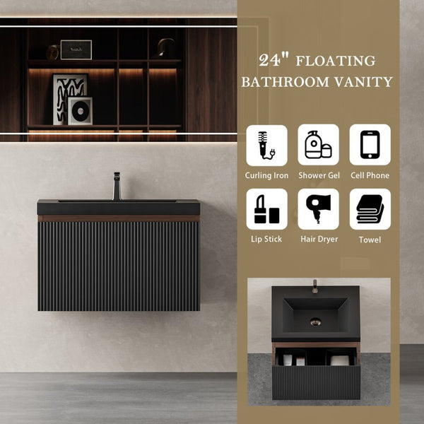 English Elm 24'' Floating Bathroom Vanity Smoked Walnut Fluted Drawer Matte Black Quartz Basin W1920P385432