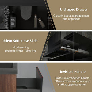 English Elm 24'' Floating Bathroom Vanity Smoked Walnut Fluted Drawer Matte Black Quartz Basin W1920P385432