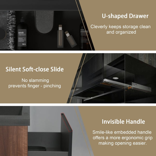 English Elm 24'' Floating Bathroom Vanity Smoked Walnut Fluted Drawer Matte Black Quartz Basin W1920P385432