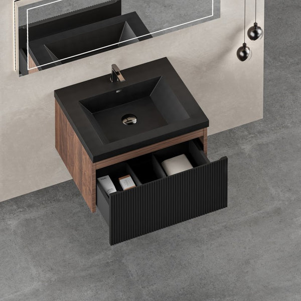 English Elm 24'' Floating Bathroom Vanity Smoked Walnut Fluted Drawer Matte Black Quartz Basin W1920P385432