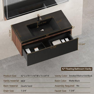 English Elm 42'' Floating Bathroom Vanity Smoked Walnut Fluted Cabinet Soft Close Quartz Basin W1920P385453