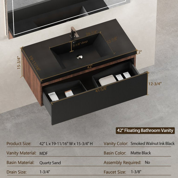 English Elm 42'' Floating Bathroom Vanity Smoked Walnut Fluted Cabinet Soft Close Quartz Basin W1920P385453