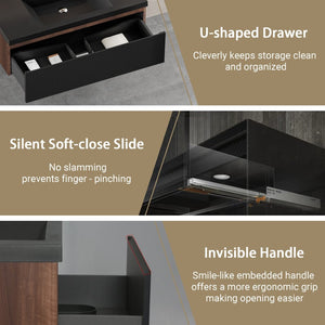 English Elm 42'' Floating Bathroom Vanity Smoked Walnut Fluted Cabinet Soft Close Quartz Basin W1920P385453