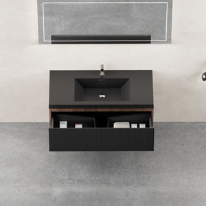 English Elm 42'' Floating Bathroom Vanity Smoked Walnut Fluted Cabinet Soft Close Quartz Basin W1920P385453