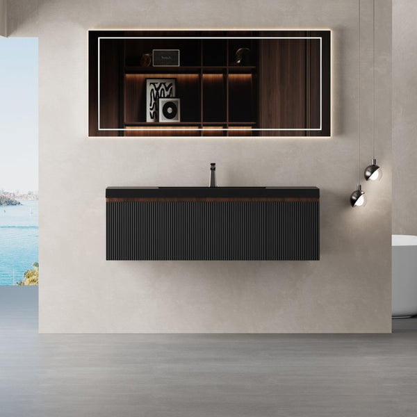 English Elm 48'' Floating Vanity Fluted Smoked Walnut Wall Mount Soft Close Quartz Basin W1920P385456