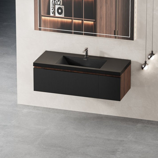 English Elm 48'' Floating Vanity Fluted Smoked Walnut Wall Mount Soft Close Quartz Basin W1920P385456