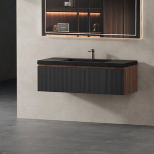 English Elm 48'' Floating Vanity Fluted Smoked Walnut Wall Mount Soft Close Quartz Basin W1920P385456