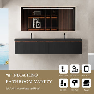 English Elm 72'' Floating Bathroom Vanity Smoked Walnut Fluted Drawers Double Quartz Basins W1920P385469