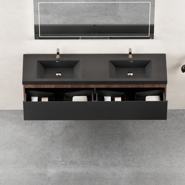 English Elm 72'' Floating Bathroom Vanity Smoked Walnut Fluted Drawers Double Quartz Basins W1920P385469