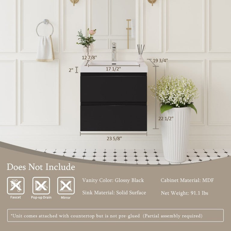 English Elm 24 Inch Floating Bathroom Vanity Glossy Black Wall Mount Resin Basin Soft Close W1920P385471