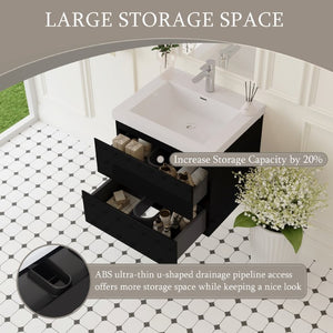 English Elm 24 Inch Floating Bathroom Vanity Glossy Black Wall Mount Resin Basin Soft Close W1920P385471