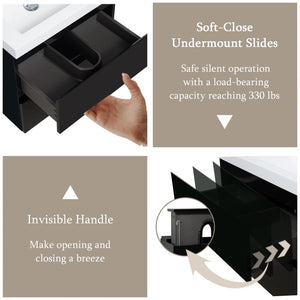 English Elm 24 Inch Floating Bathroom Vanity Glossy Black Wall Mount Resin Basin Soft Close W1920P385471