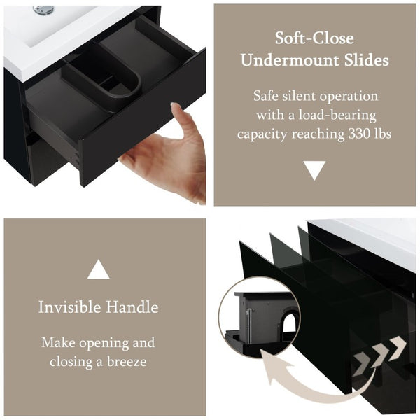 English Elm 24 Inch Floating Bathroom Vanity Glossy Black Wall Mount Resin Basin Soft Close W1920P385471