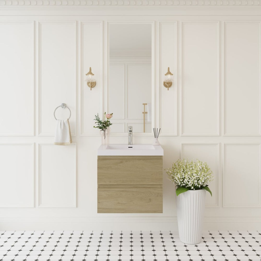 English Elm 24" Wall Mounted Natural Oak Bathroom Vanity with Resin Basin and Soft Close Drawers W1920P385473