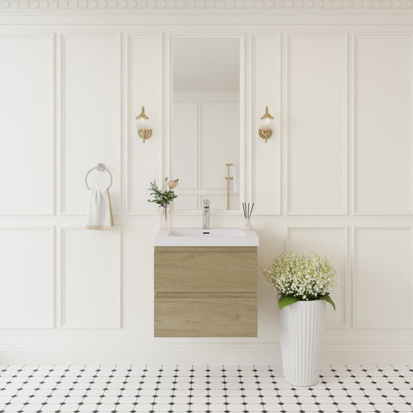 English Elm 24" Wall Mounted Natural Oak Bathroom Vanity with Resin Basin and Soft Close Drawers W1920P385473