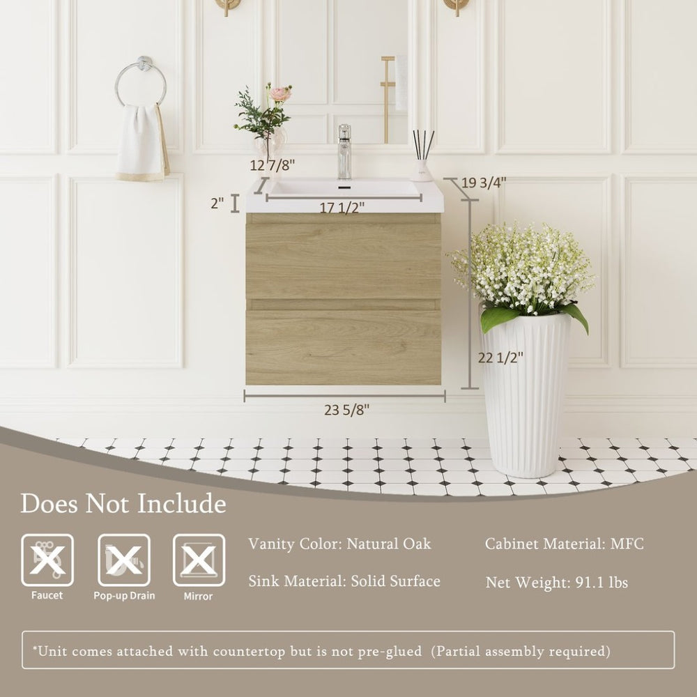 English Elm 24" Wall Mounted Natural Oak Bathroom Vanity with Resin Basin and Soft Close Drawers W1920P385473