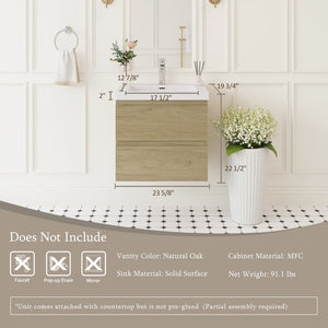 English Elm 24" Wall Mounted Natural Oak Bathroom Vanity with Resin Basin and Soft Close Drawers W1920P385473
