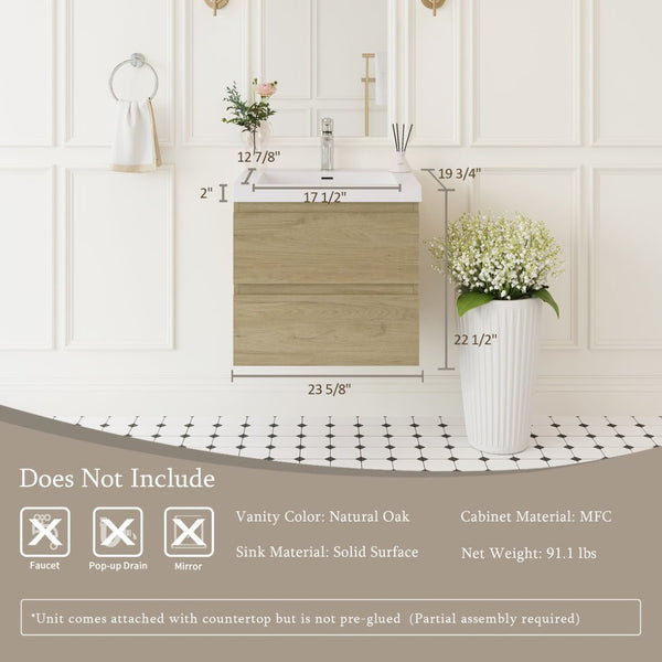 English Elm 24" Wall Mounted Natural Oak Bathroom Vanity with Resin Basin and Soft Close Drawers W1920P385473