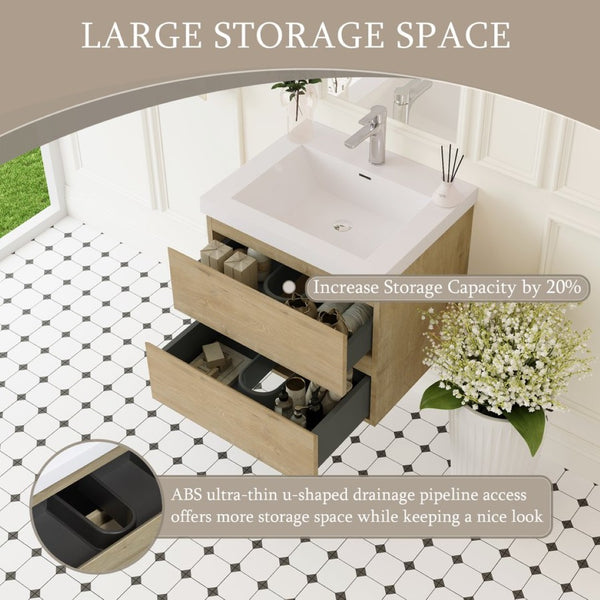English Elm 24" Wall Mounted Natural Oak Bathroom Vanity with Resin Basin and Soft Close Drawers W1920P385473