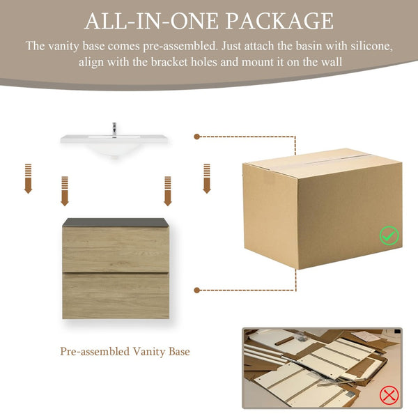 English Elm 24" Wall Mounted Natural Oak Bathroom Vanity with Resin Basin and Soft Close Drawers W1920P385473