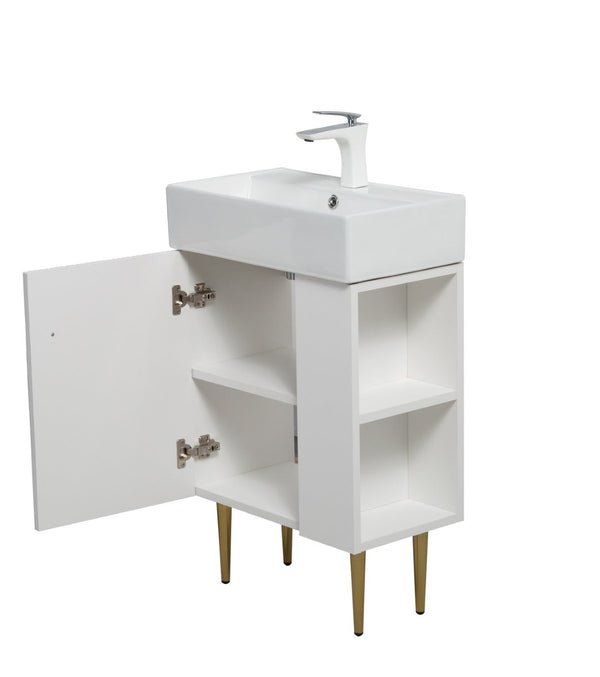 English Elm 21.6" White Bathroom Vanity Base with Open Shelf Gold Hardware Soft Close Doors W1920P385636
