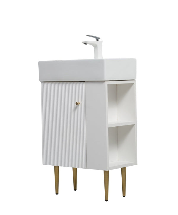 English Elm 21.6" White Bathroom Vanity Base with Open Shelf Gold Hardware Soft Close Doors W1920P385636