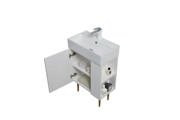 English Elm 21.6" White Bathroom Vanity Base with Open Shelf Gold Hardware Soft Close Doors W1920P385636