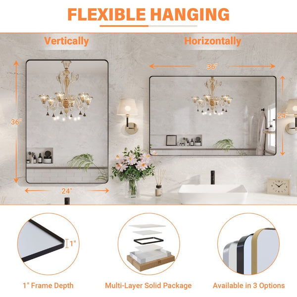 English Elm 24 X 36 Matte Black Aluminum Vanity Wall Mirror Tempered Glass Bathroom Accent W1920P498814