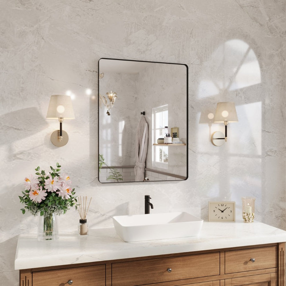 English Elm 28 X 36 Matte Black Aluminum Rectangular Vanity Mirror Tempered Glass Shatterproof W1920P498815