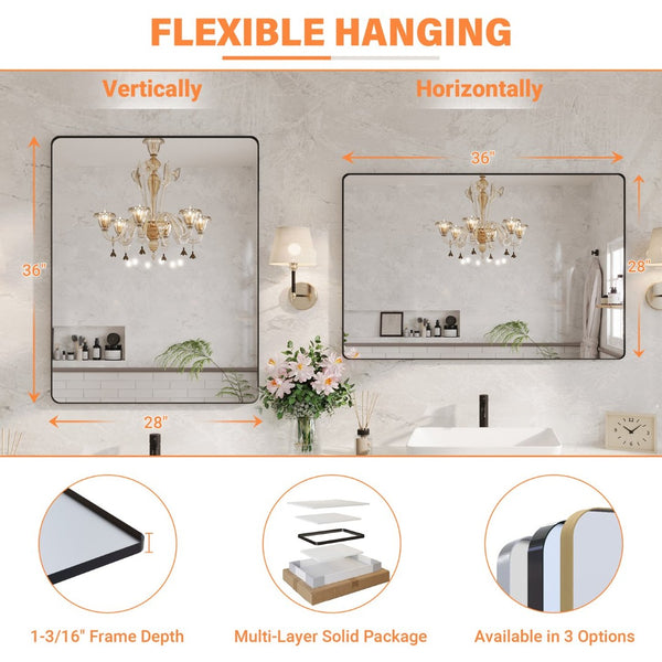 English Elm 28 X 36 Matte Black Aluminum Rectangular Vanity Mirror Tempered Glass Shatterproof W1920P498815