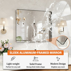 English Elm 36 Inch Rectangular Bathroom Wall Mirror Matte Black Aluminum Frame Tempered Glass W1920P498816