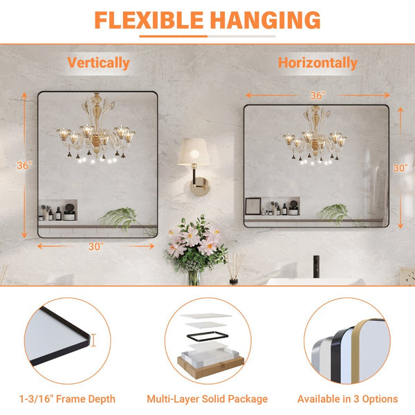 English Elm 36 Inch Rectangular Bathroom Wall Mirror Matte Black Aluminum Frame Tempered Glass W1920P498816