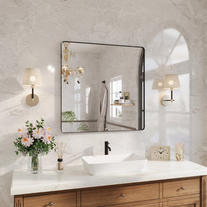 English Elm 36" Square Matte Black Aluminum Vanity Mirror Tempered Glass Bathroom Wall Mount W1920P498817