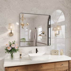 English Elm 38" Square Aluminum Frame Bathroom Vanity Mirror Matte Black Tempered Glass Wall Mount W1920P498818
