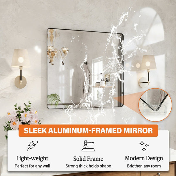 English Elm 38" Square Aluminum Frame Bathroom Vanity Mirror Matte Black Tempered Glass Wall Mount W1920P498818