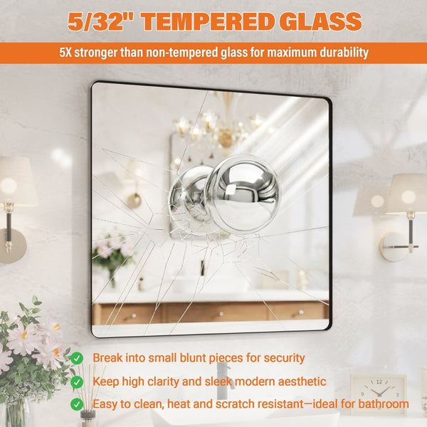 English Elm 38" Square Aluminum Frame Bathroom Vanity Mirror Matte Black Tempered Glass Wall Mount W1920P498818