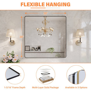 English Elm 38" Square Aluminum Frame Bathroom Vanity Mirror Matte Black Tempered Glass Wall Mount W1920P498818