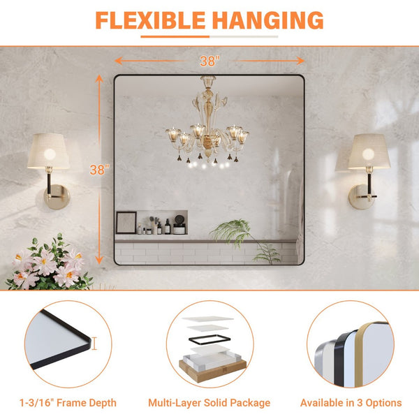 English Elm 38" Square Aluminum Frame Bathroom Vanity Mirror Matte Black Tempered Glass Wall Mount W1920P498818