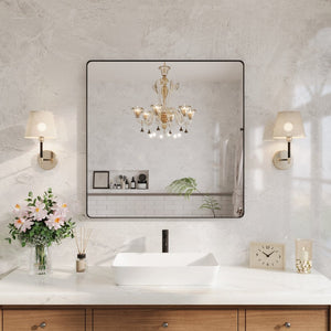 English Elm 38" Square Aluminum Frame Bathroom Vanity Mirror Matte Black Tempered Glass Wall Mount W1920P498818