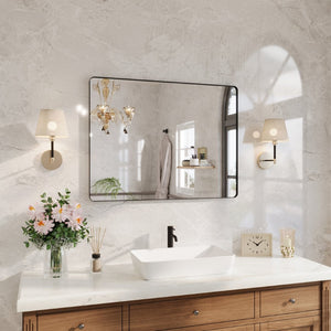 English Elm 40" Rectangular Matte Black Aluminum Wall Mirror Tempered Glass Bathroom Vanity W1920P498819