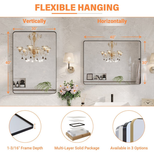 English Elm 40" Rectangular Matte Black Aluminum Wall Mirror Tempered Glass Bathroom Vanity W1920P498819