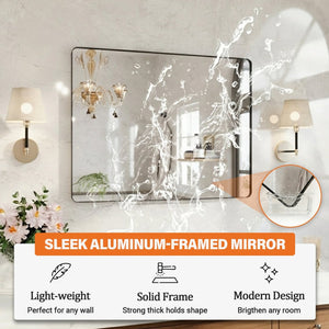 English Elm 40" Rectangular Wall Mirror Matte Black Aluminum Frame Shatterproof Tempered Glass Bath W1920P498820
