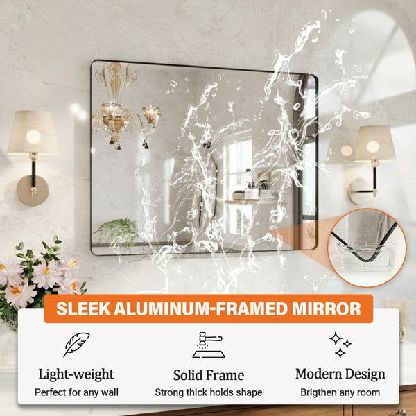 English Elm 40" Rectangular Wall Mirror Matte Black Aluminum Frame Shatterproof Tempered Glass Bath W1920P498820